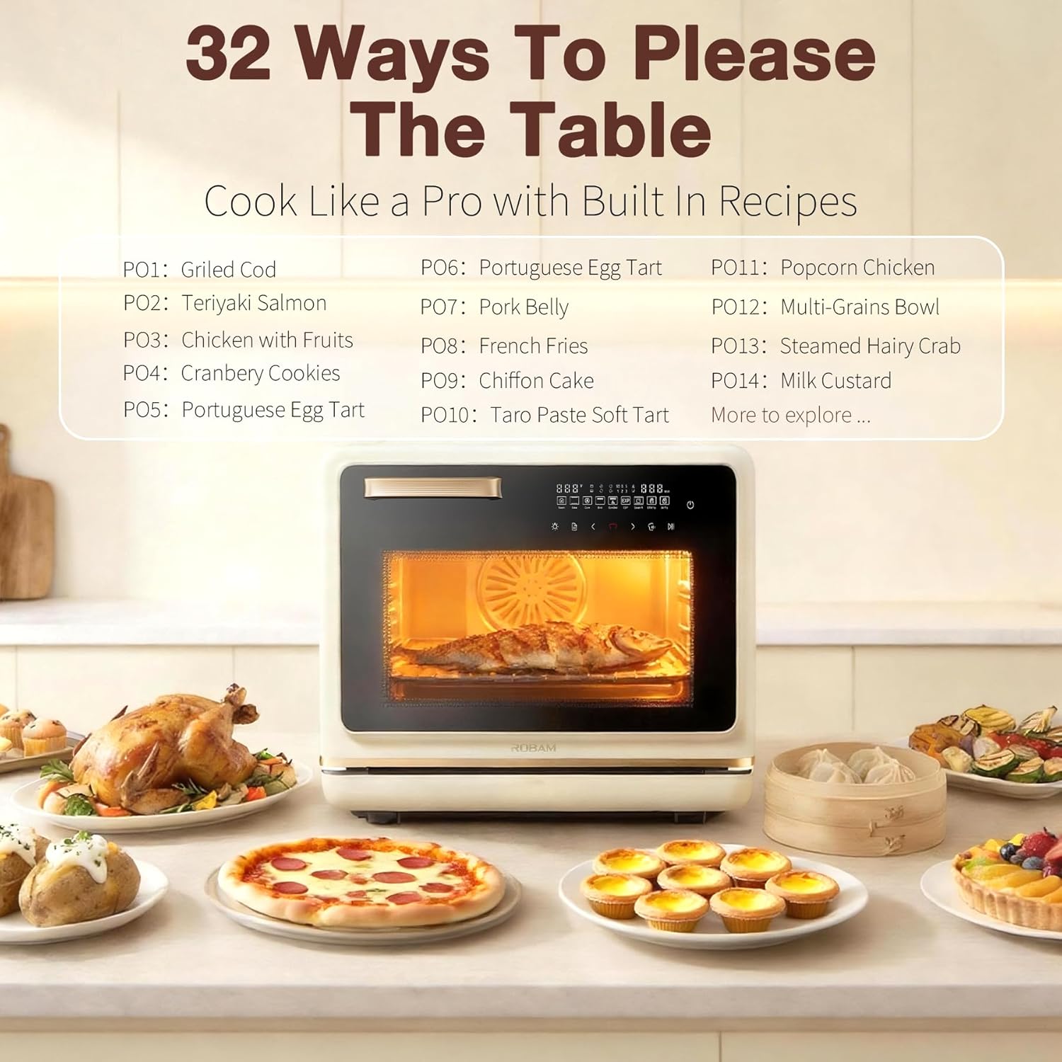 ROBAM Toaster Air Fryer Oven Combo, Countertop Convection Cooker with Bake & Fry, 1.2 Cu.Ft Large Capacity Combi Steam Oven, 32 Preset Recipes, Smart Touch Precise Temp Control, Multi-Stage (White)