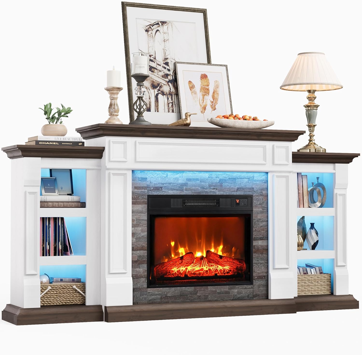 72" Electric Fireplace with Mantel and Cabinets, Fireplace TV Stand for Living Room Bedroom, LED Light, Stacked Stone Surround and Remote Control 3D Realistic Flame