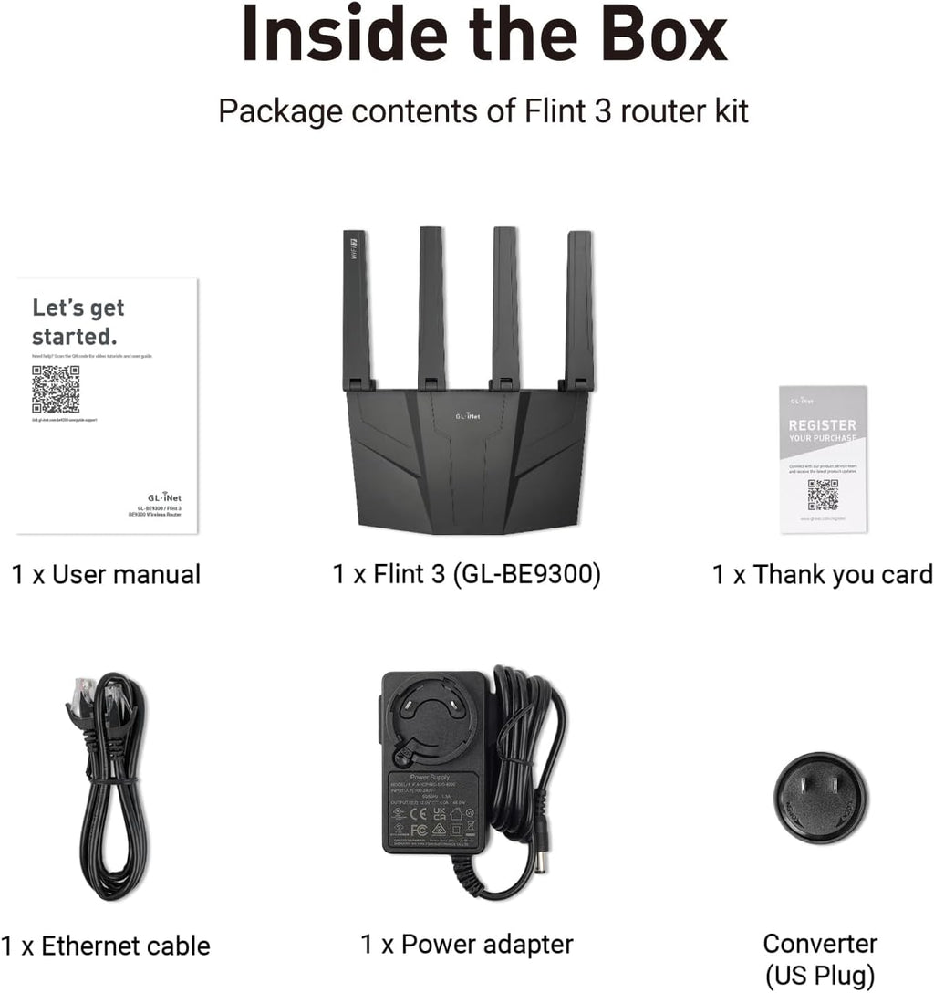 GL.iNet GL-BE9300 (Flint 3) Tri-Band WiFi 7 Router  High-Speed 6GHz Gaming WiFi Router for Wireless Internet  Long Range  5 x 2.5G VPN Routers for Fiber Optic Modem  Computer Routers  Home & Business