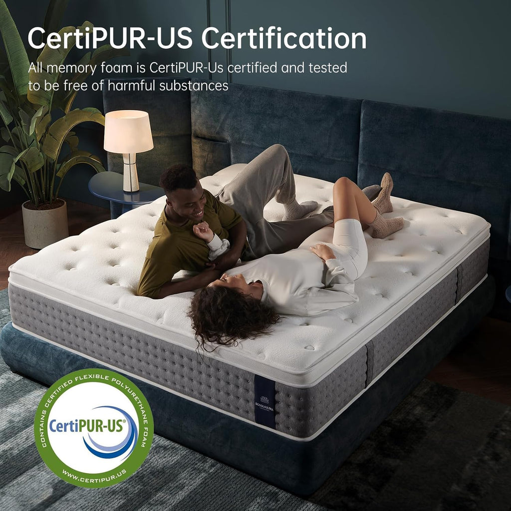 14 Inch King Size Mattress, Medium Plush Hybrid with Memory Foam & Individually Wrapped Coils, CertiPUR-US Certified, Fiberglass-Free Design (14 inch, King)