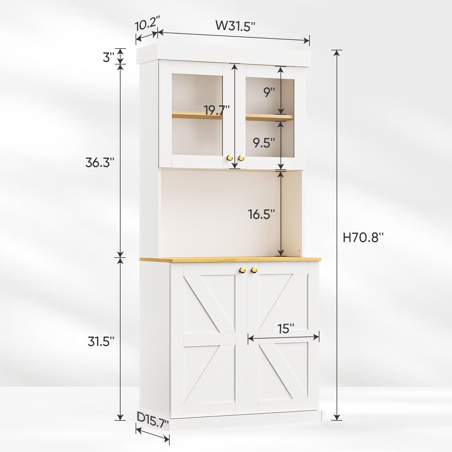 Vyre 71" Farmhouse Kitchen Pantry Cabinet Set of 2, White Freestanding Coffee Bar Hutch with Glass Doors & Adjustable Shelves, Large Storage Cabinet with Microwave Stand for Living Room & Kitchen