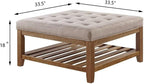 24KF Large Square Upholstered Tufted Linen Ottoman Coffee Table, Large Footrest Ottoman with Solid Wood Shelf-Linen