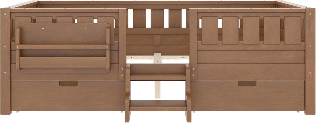 Bellemave Full Size Bed with Slats and Stairs, Full Size Platform Bed Frame with Fence, Bookshelf and Storage Drawers, Easy Assemble Beds for Kids, Girls, Boys, Natural