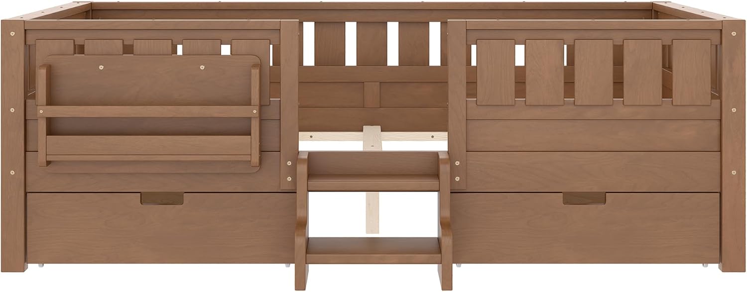 Bellemave Full Size Bed with Slats and Stairs, Full Size Platform Bed Frame with Fence, Bookshelf and Storage Drawers, Easy Assemble Beds for Kids, Girls, Boys, Natural