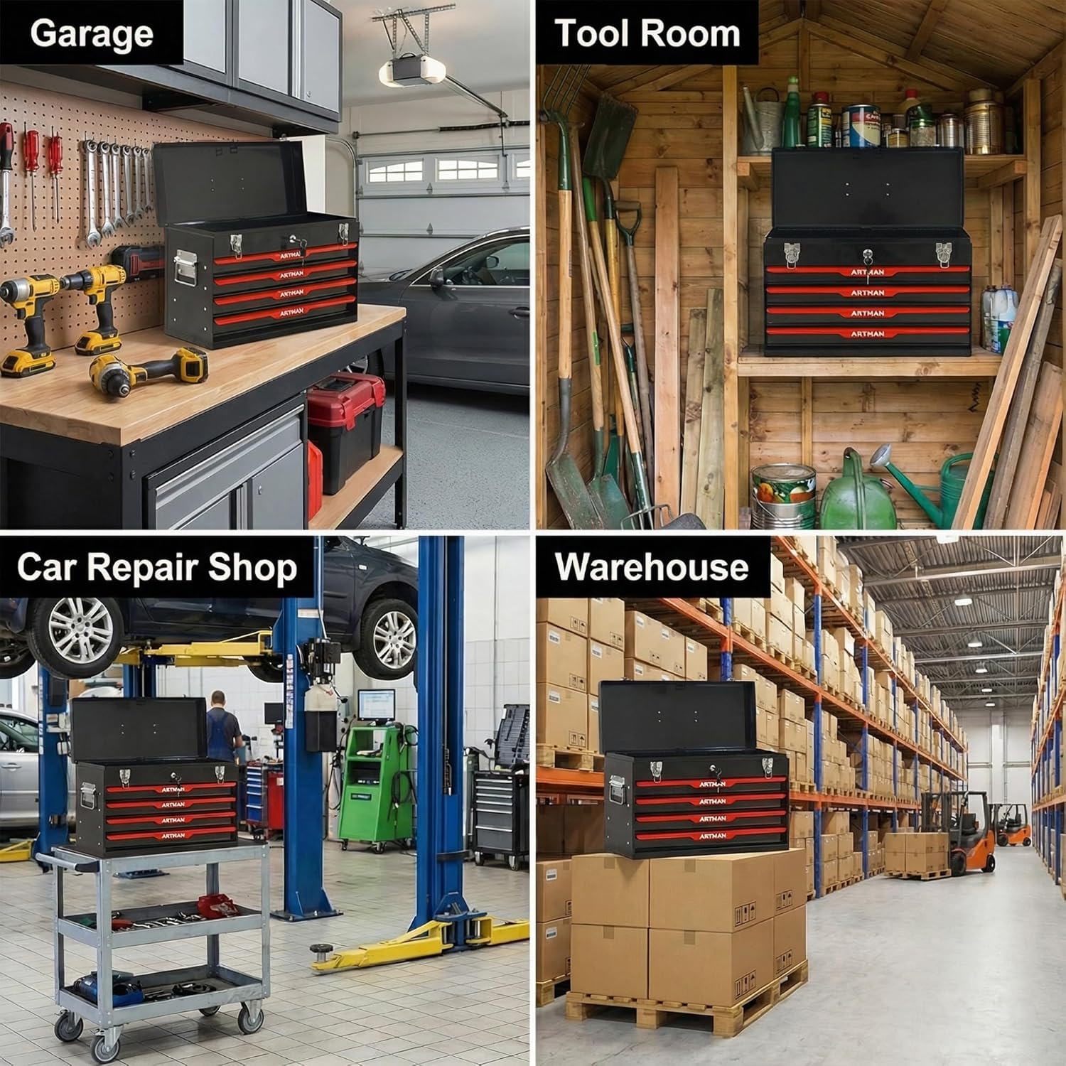 4 Drawers Tool Box, 21" Portable Steel Tool Chest with Top Tool Tray,Key Lock & Latch Closure,Liners,Handle,Ball Bearing Sides, Portable Tool Storage Organizer for Garage Workshop (Black)