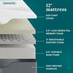 Sleep Innovations Shiloh 12 Inch Green Tea Memory Foam Mattress, Queen Size, Bed in a Box, Medium Feel