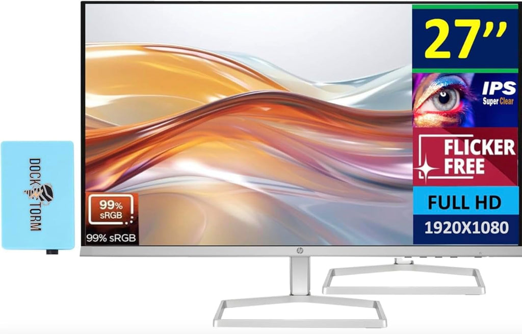 HP 27" FHD IPS (1920x1080) Monitor Bundle with Docztorm Dock  100Hz Refresh Rate  2X HDMI 1.4  1x VGA  Flicker-Free  Anti-Glare  Ideal for Home & Business  White/Silver (2026 Latest Model) (2 Pack)