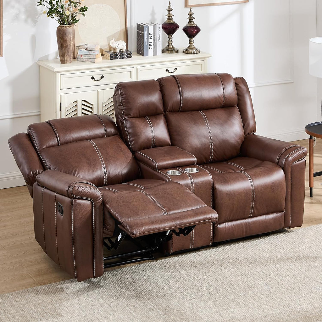 EBELLO Faux Leather Recliner Loveseat Sofa, Manual Reclining Couch, Mid-Century Modern 2-Seater Chair with Handy Cup Holders and Storage Space, for Living Room, Meeting Room, Brown