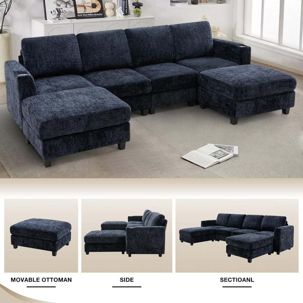 110" Chenille U-Shape Sofa with Flexible Ottomans, Comfy Sectional Sofa with 2 Built-in Cup Holders, Convertible 4 Seats Couch with Well-Filled Back Cushions for Living Room, House, Blue