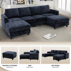 110" Chenille U-Shape Sofa with Flexible Ottomans, Comfy Sectional Sofa with 2 Built-in Cup Holders, Convertible 4 Seats Couch with Well-Filled Back Cushions for Living Room, House, Blue