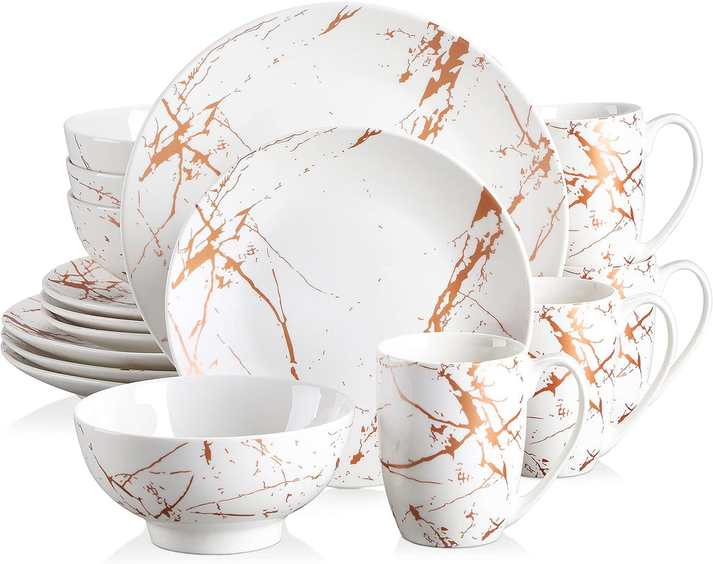 LOVECASA White Dinnerware Sets for 4, 16 Piece Porcelain Dish Set Plates and Bowls Sets, Gold Splash Glaze Ceramic Dinner Set with Mugs, Dishwasher Microwave Safe