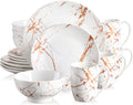 LOVECASA White Dinnerware Sets for 4, 16 Piece Porcelain Dish Set Plates and Bowls Sets, Gold Splash Glaze Ceramic Dinner Set with Mugs, Dishwasher Microwave Safe
