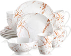 LOVECASA White Dinnerware Sets for 4, 16 Piece Porcelain Dish Set Plates and Bowls Sets, Gold Splash Glaze Ceramic Dinner Set with Mugs, Dishwasher Microwave Safe