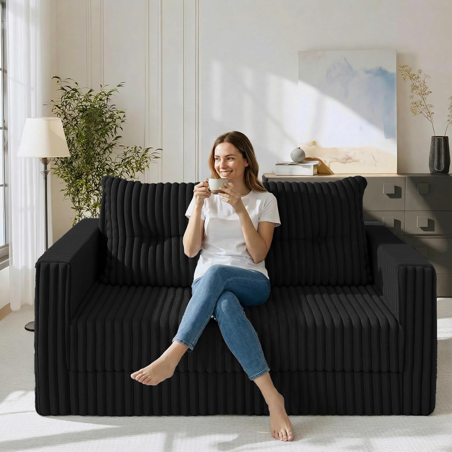 HABUTWAY Folding Sofa Bed, 2 in 1 Convertible Sleeper Chair with Pillow, Portable Fold Out Chair Bed with Armrest, Comfy Floor Couch, Lazy Sofa for Living Room Bedroom Dorm Home Office, Black