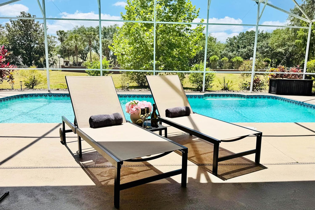 PURPLE LEAF Outdoor Chaise Lounge Chairs Set Recliner Aluminum Adjustable Chair with Wheels and Side Table for Poolside Beach Patio Sunbathing Lounger, Beige