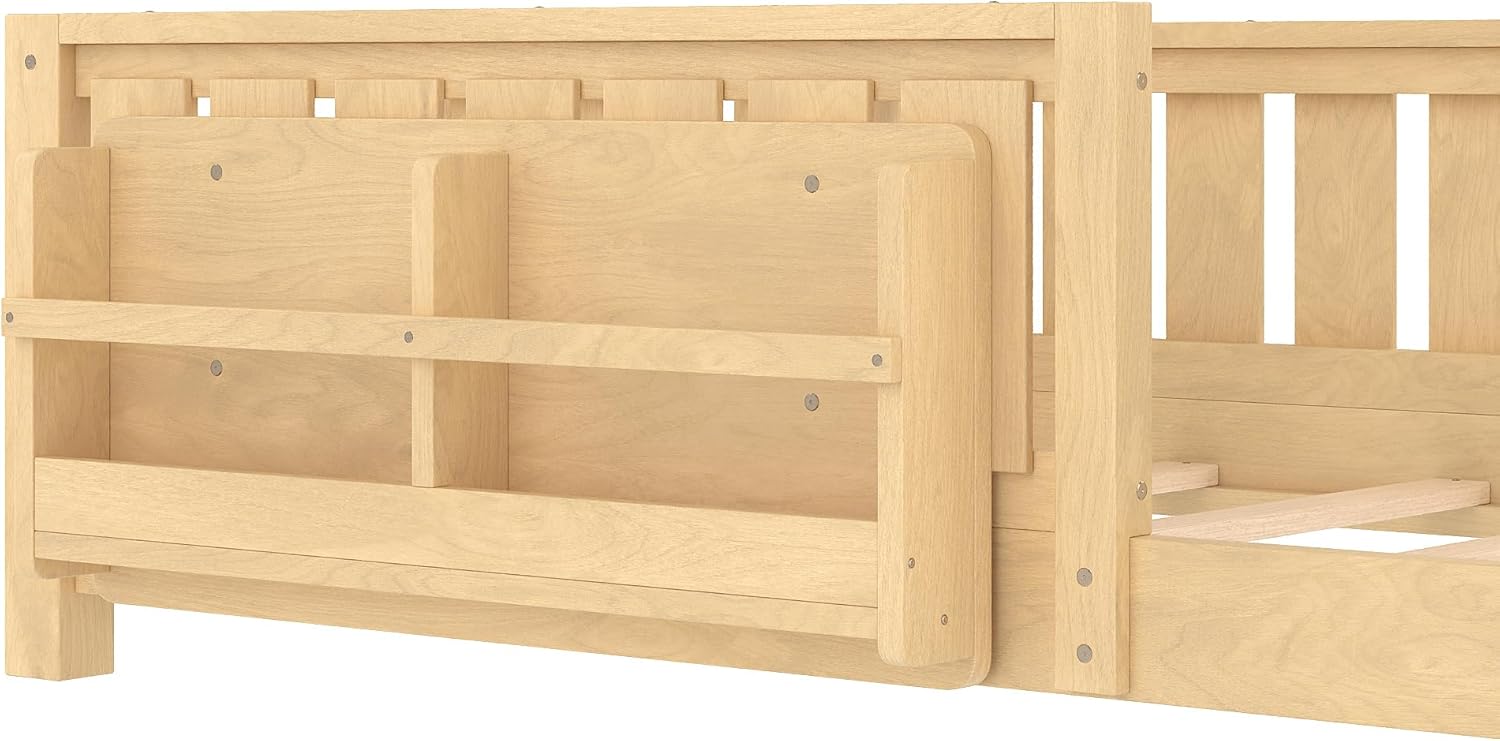 Bellemave Twin Floor Bed with Slats and Safety Guardrail, Twin Size Montessori Floor Bed with Fence and Built-in Bookshelf, Easy Assemble Montessori Beds for Kids, Girls, Boys, Light Natural