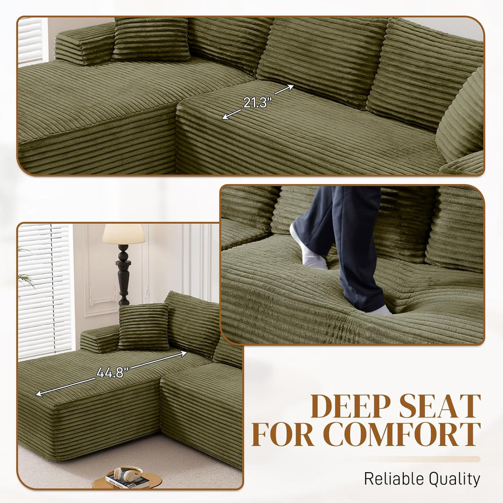 95" Boneless Cloud Sectional Couches for Living Room, Comfy Fluffy L Shaped Memory Foam Deep Seat Boneless Couch, Modular Sectional Sofa with Left Facing Chaise, Olive Green
