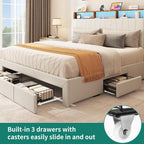 YITAHOME King Size Bed Frame, Storage Bed Frame with 4 Drawers & LED Light, Platform Bed with Storage Upholstered Headboard and Charging Station, No Box Spring Needed, Easy Assembly, Beige