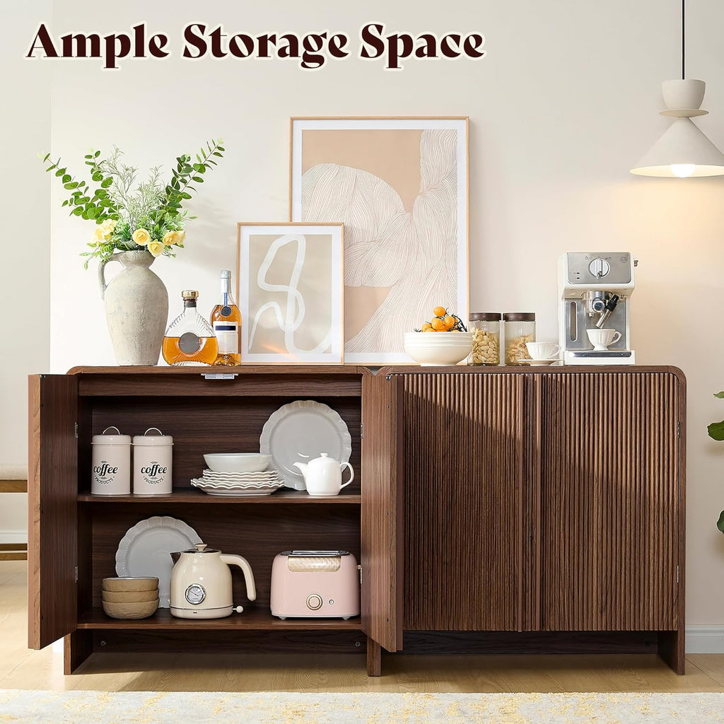 AMERLIFE Fluted Buffet Cabinet with Storage, Modern Sideboard Cabinet with 2 Doors & Adjustable Shelf, Console Table & Credenza for Living Room, Dining Room & Entryway, Brown