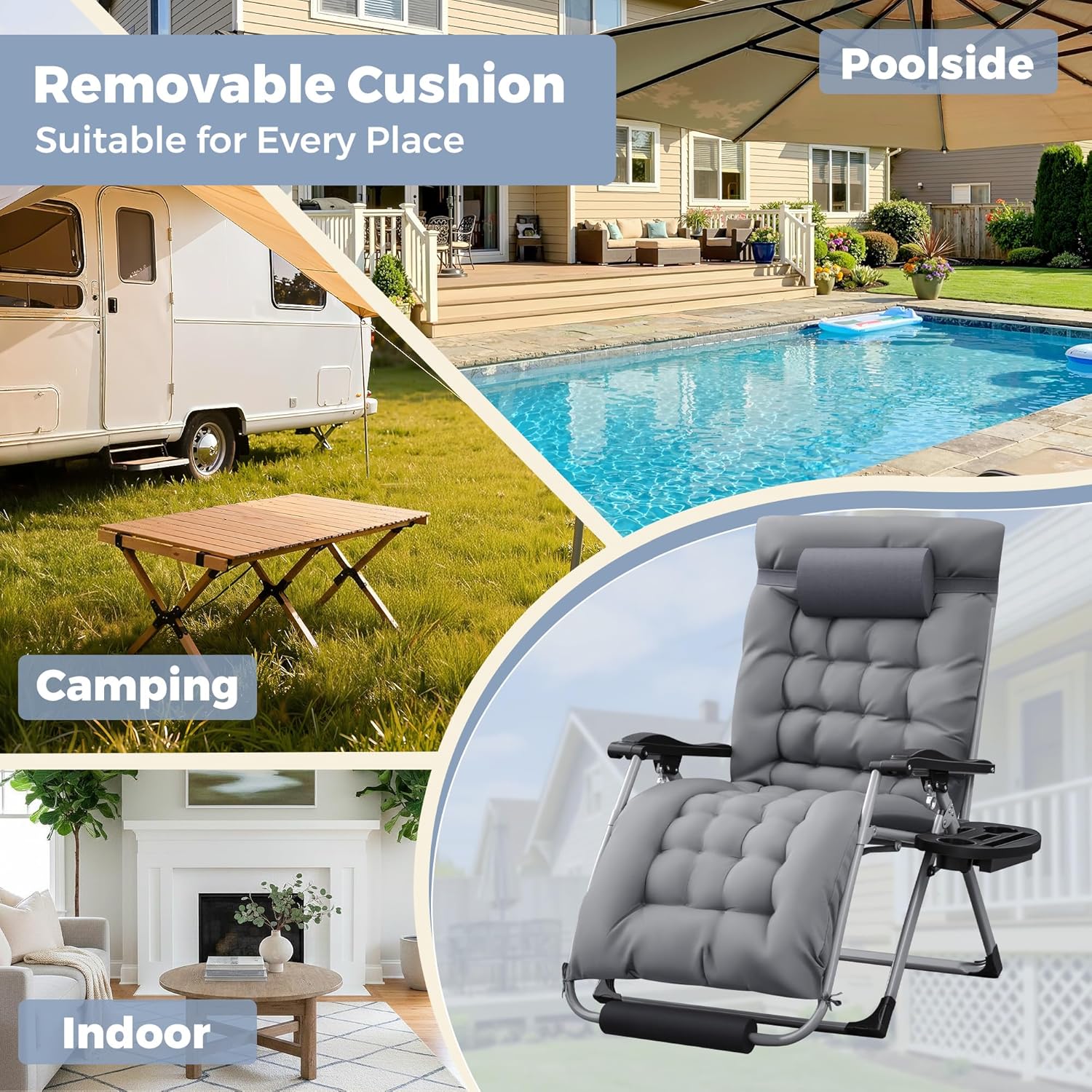 Homall Oversized Zero Gravity Chair, 32In Recliner Lounge Chair with Removable Soft Cushion and Cup Holder, Adjustable Anti Gravity Chair Folding Patio Chairs Padded for Indoor and Outdoor, Grey