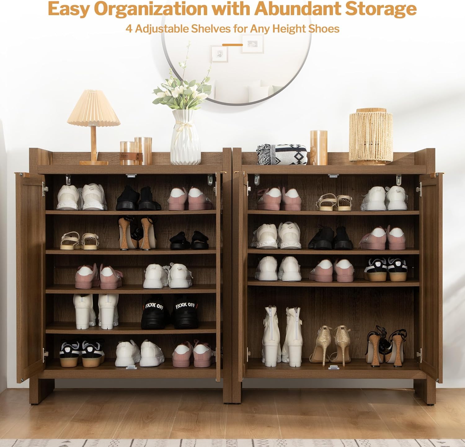 SICOTAS Shoe Cabinet, 24 Pair Shoe Storage Organizer Cabinet, 41" Tall Rattan Shoe Cabinet with Doors and Shelves, 6-Tier Farmhouse Boho Wooden Storage Cabinet for Entryway Hallway Closet