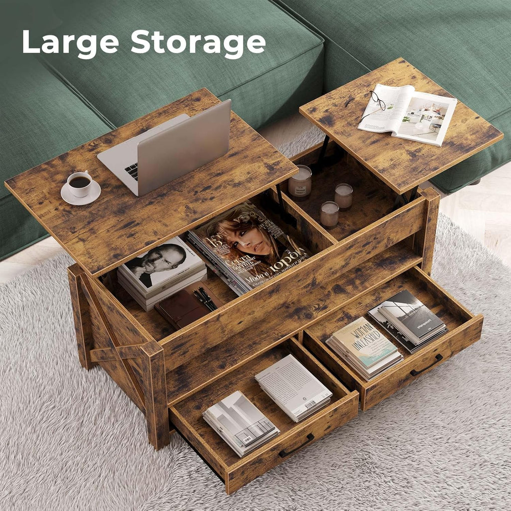 Seventable Coffee Table, 47.2" Lift Top Coffee Table with 2 Storage Drawers and Hidden Compartment, Farmhouse Center Table with Wooden Lift Tabletop, for Living Room,Rustic Brown