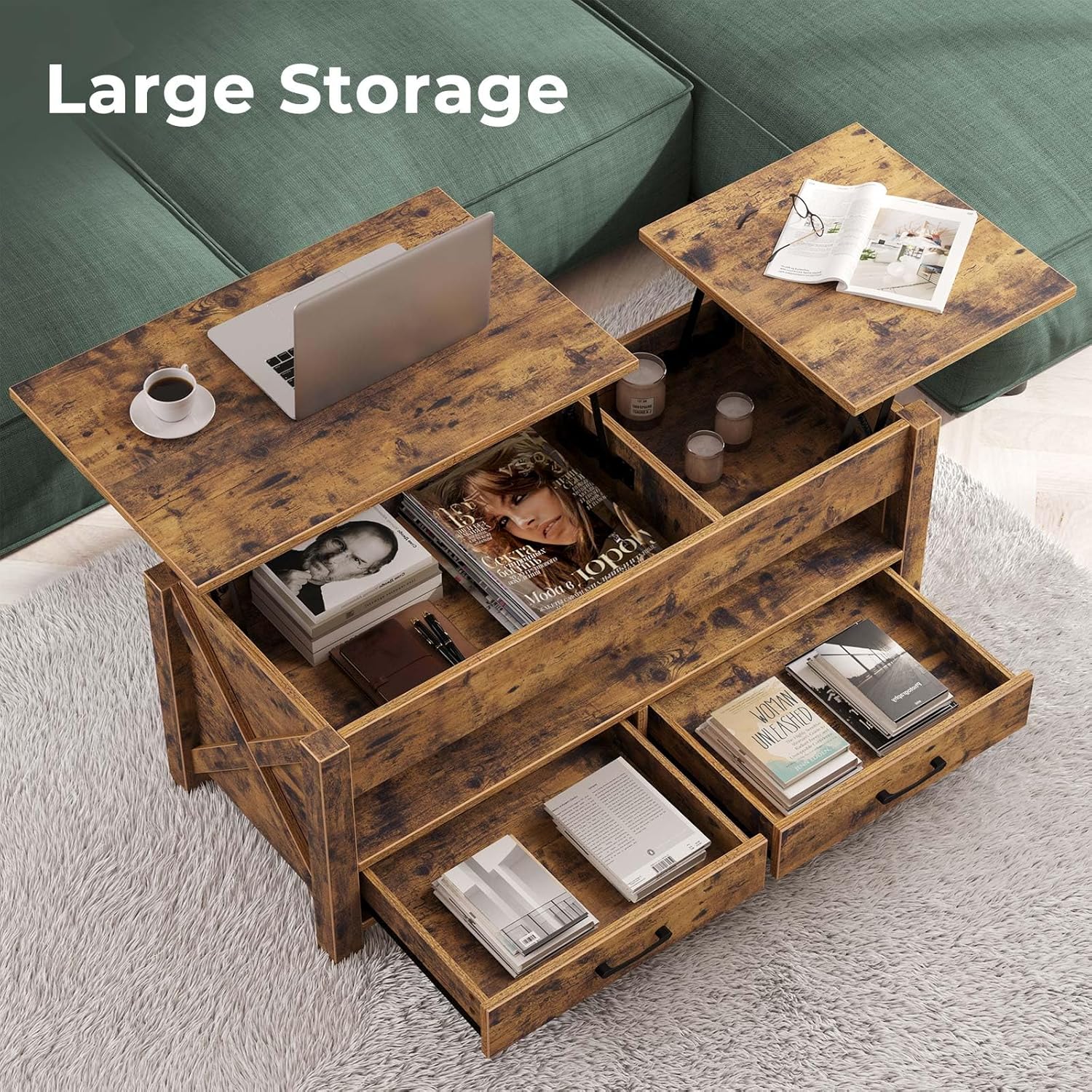 Seventable Coffee Table, 47.2" Lift Top Coffee Table with 2 Storage Drawers and Hidden Compartment, Farmhouse Center Table with Wooden Lift Tabletop, for Living Room,Rustic Brown