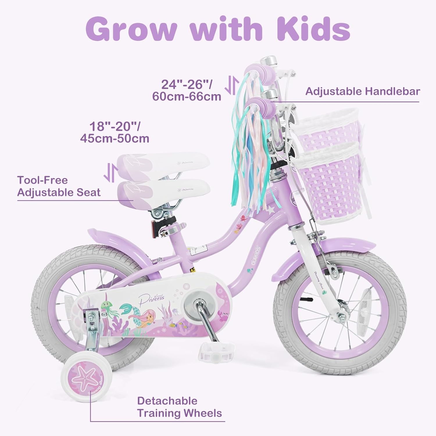 Olakids Kids Bike, 12 14 16 18 20 Inch Mermaid Theme Girls Bicycle with Training Wheels Basket Adjustable Seat and Handlebar Dual Brake