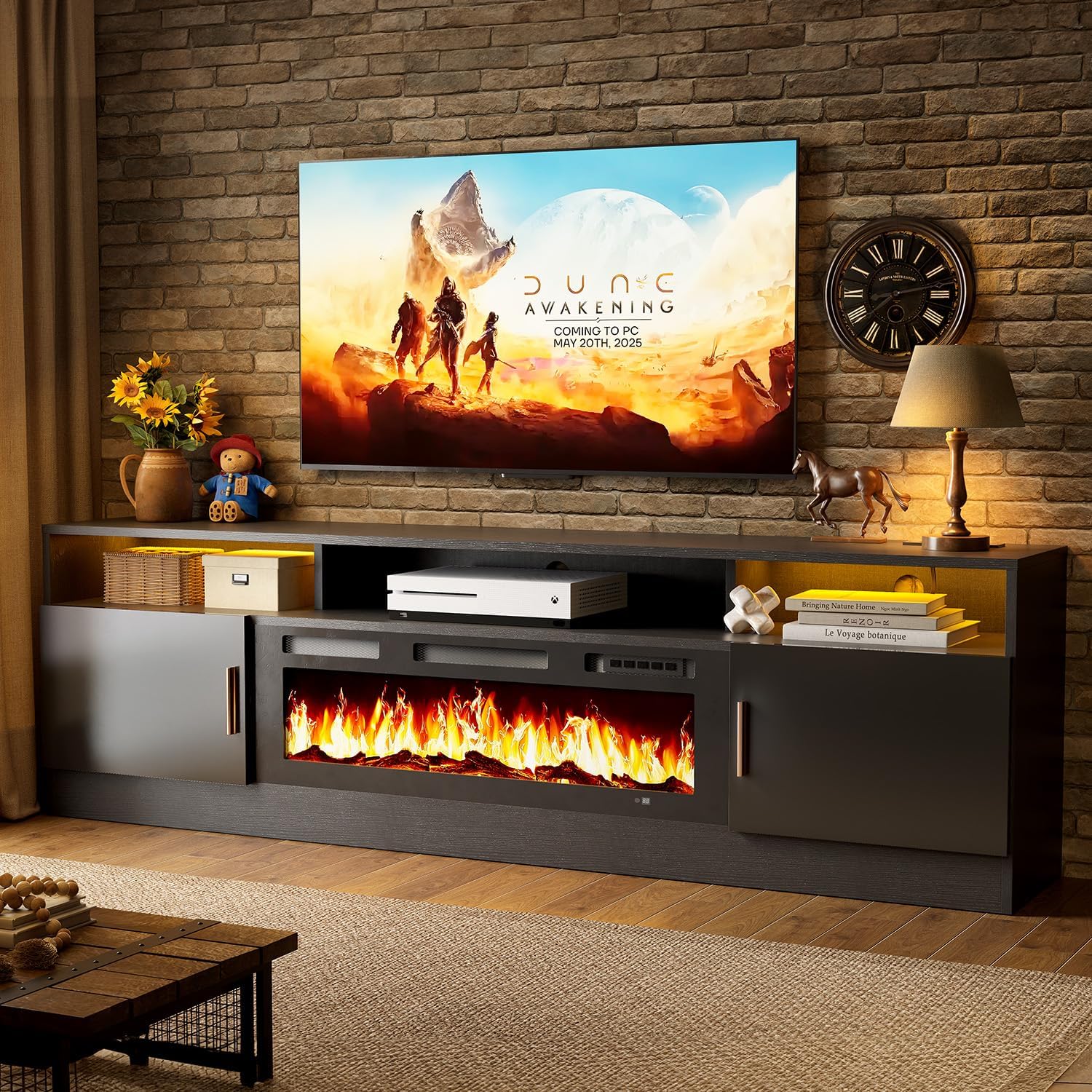 70" Fireplace TV Stand with Power Outlet for TVs UP to 80", Electric Fireplace Entertainment Center with LED Lights & Storage Cabinets, TV Console for Living Room, Office, Black-Black2