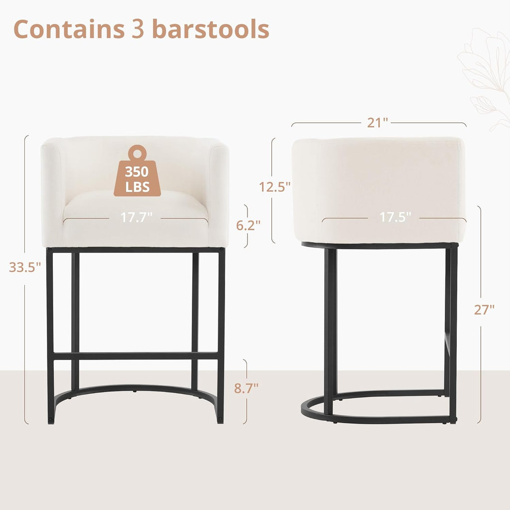 LUE BONA 27" H Counter Height Bar Stools Set of 3, Modern Barrel Counter Stools with Backrest and Arms, Black Metal Frames, Linen Fabric Upholstered Accent Barstools for Kitchen Island, Beige