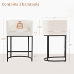 LUE BONA 27" H Counter Height Bar Stools Set of 3, Modern Barrel Counter Stools with Backrest and Arms, Black Metal Frames, Linen Fabric Upholstered Accent Barstools for Kitchen Island, Beige