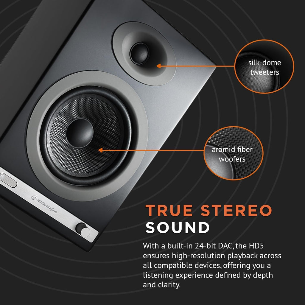 Audioengine HD5 Premium Powered Speakers | 150W Audiophile-Grade Bluetooth 5.0 with aptX HD | Built-in 24-Bit DAC | Real Wood Veneer | Bookshelf Speakers for Home Audio  Studios & Vinyl