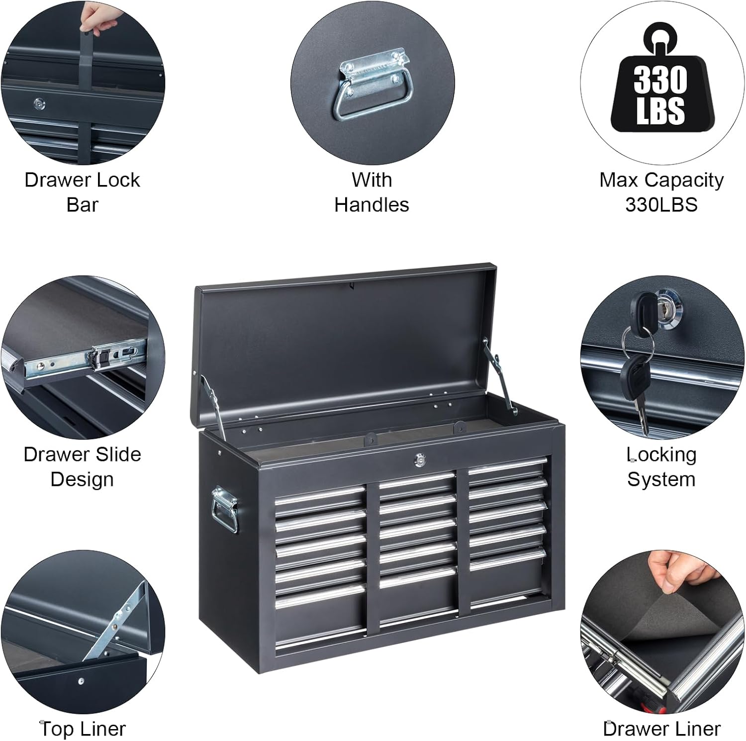 Winado 24" Portable Metal Tool Box, 5 Drawers Toolbox with Top Storage Tray, Carry Handle, Ball Bearing Runners, Lockable Tool Chest Cabinet for Garage, Warehouse, Repair Shop & Home, Black