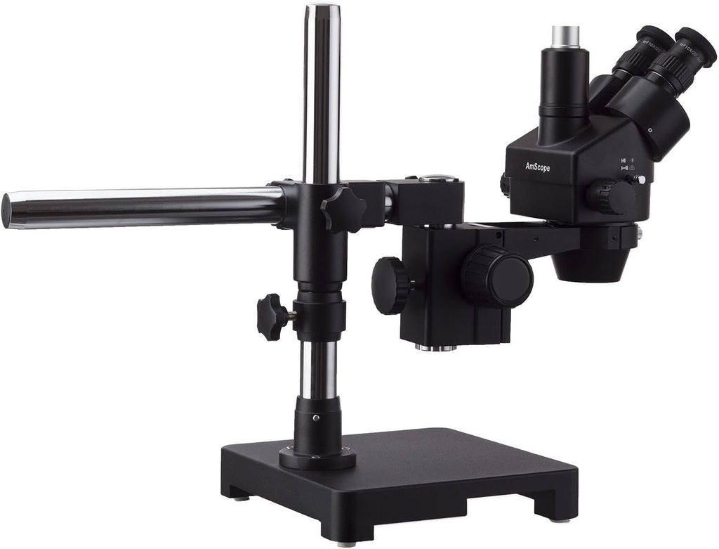 AmScope 7X-90X Black Trinocular Stereo Zoom Microscope on Single Arm Boom Stand + 144 LED Compact Ring-Light with 10MP USB3.0 Camera