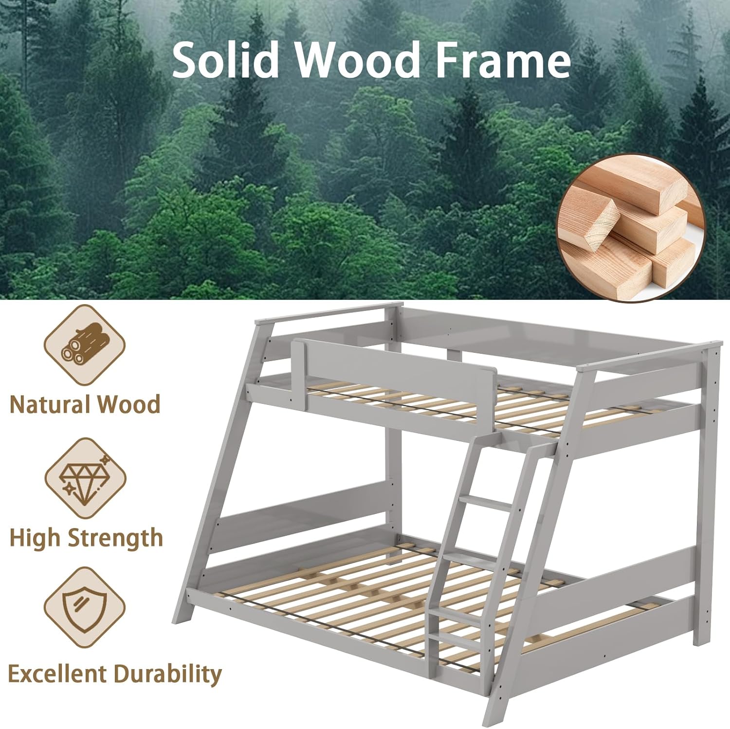 KOMFOTT Twin Over Full Convertible Bunk Bed with Reversible Ladder, Solid Wood Frame, Slats Support & Guardrails, No Box Spring Needed (Grey)