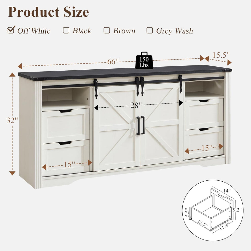 LINGMU Farmhouse TV Stand for 75 80 Inch TV, 32" Tall Entertainment Center w/4 Drawers & Sliding Barn Door, Rustic Media Console w/Storage Shelves, 66" Wood Television Stand for Living Room, Off White