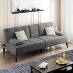 Shintenchi Futon Sofa Bed, Velvet Foldable Couch, Reclining Sleeper with Removable Armrests, Upholstered Loveseat Sofa Couch with Folding Cup Holders for Home, Office, Dark Grey