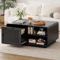 LIKIMIO 39.4" Rattan Coffee Table with Storage Drawers, Safety Curved Corners & 4-Tier Adjustable Shelves, Sturdy Base, Wood Center Table for Living Room, Black