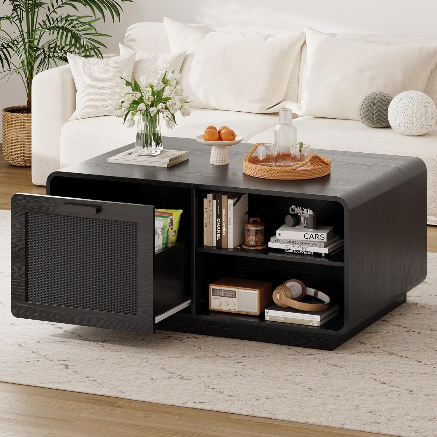 LIKIMIO 39.4" Rattan Coffee Table with Storage Drawers, Safety Curved Corners & 4-Tier Adjustable Shelves, Sturdy Base, Wood Center Table for Living Room, Black