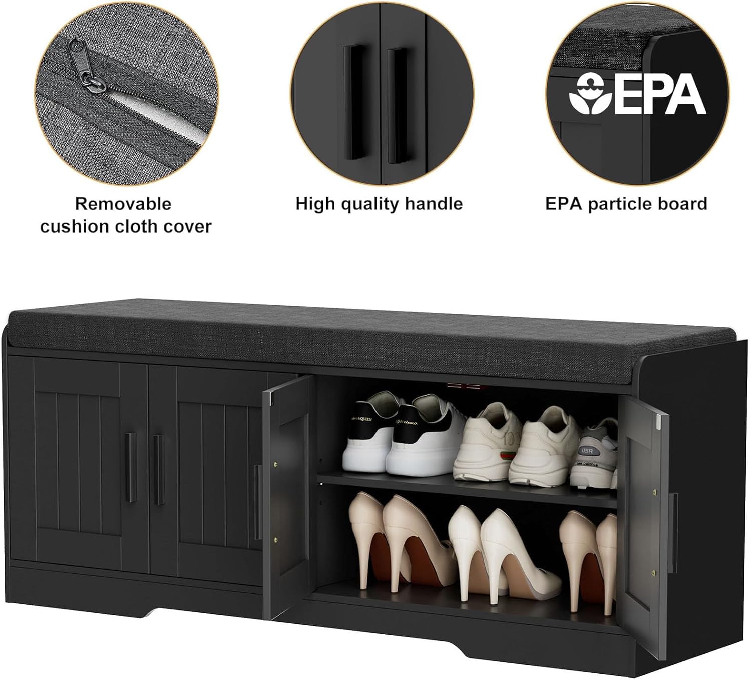 Homleke 2-Tier Storage Bench, Shoe Bench with Thickened Padded Seat Cushion, Entryway Bench with 4 Doors, Adjustable Shelf, 13.8" D x 45.3" W x 18.5" H, for Entryway, Living Room, Bedroom, Black