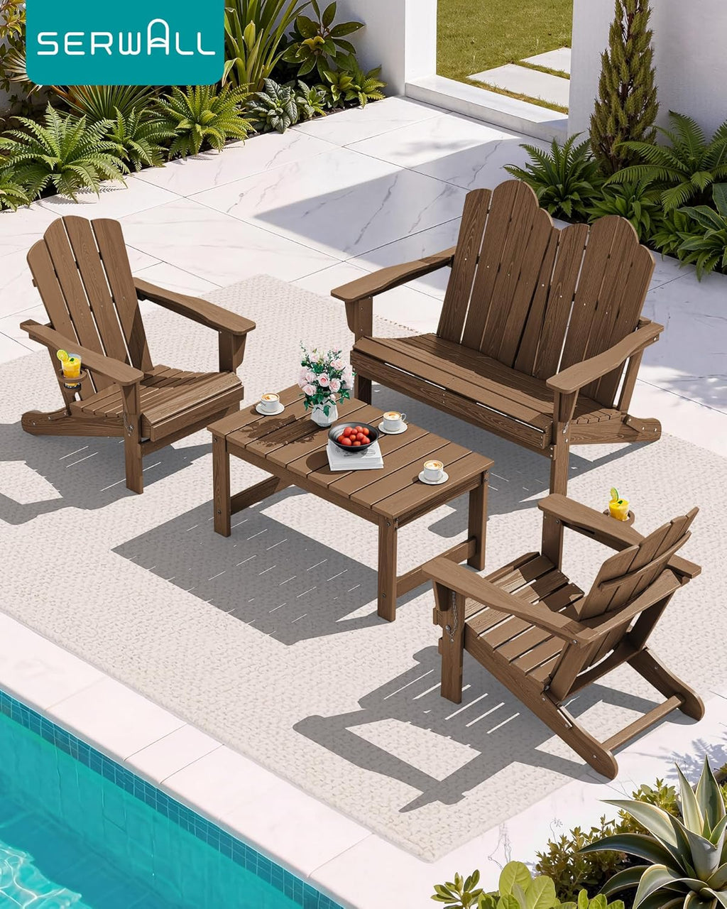SERWALL Outdoor Coffee Table with 1.69" Umbrella Hole, HDPE Patio Coffee Table for Outside, Rectangle, Brown