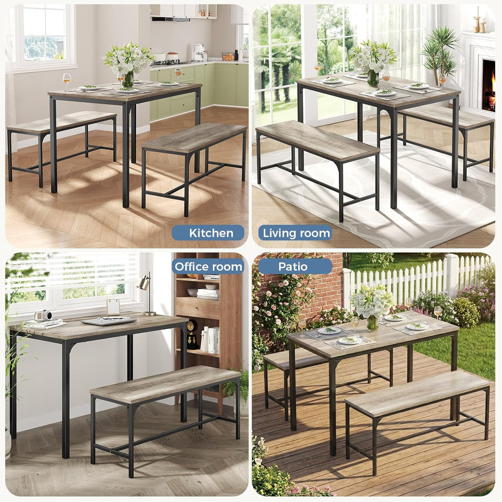 DUMOS Dining Table Set, Dining Table for 4 with Bench,Kitchen Table, Space-Saving Ideal 4-Person Set for Dining Room Kitchen Apartment Corner Grey 3 Pack