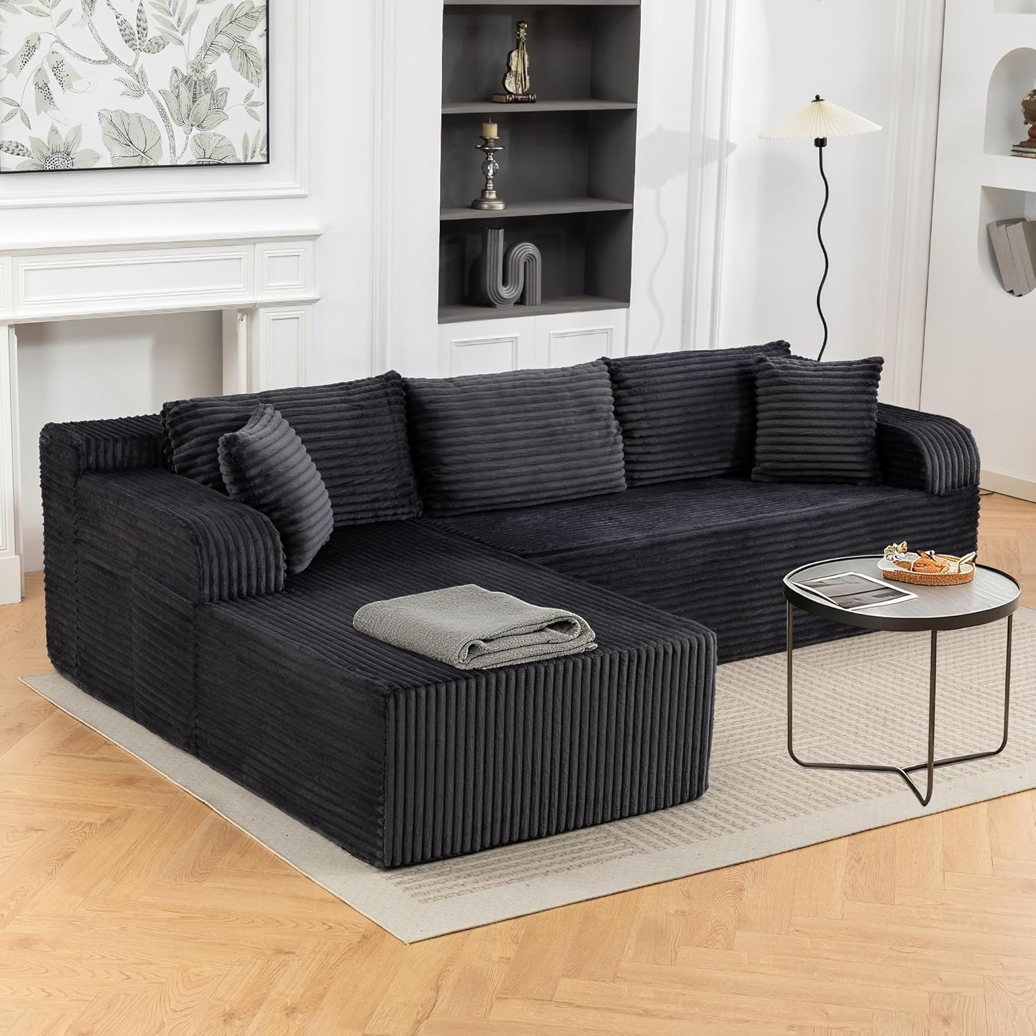 106” Cloud Modular Sectional Sofa with L-Shape Chaise and Deep Seat, Corduroy Memory Foam Boneless Compressed Couch for Living Room, No Assembly Required(Left Facing Chaise, Dark Grey)