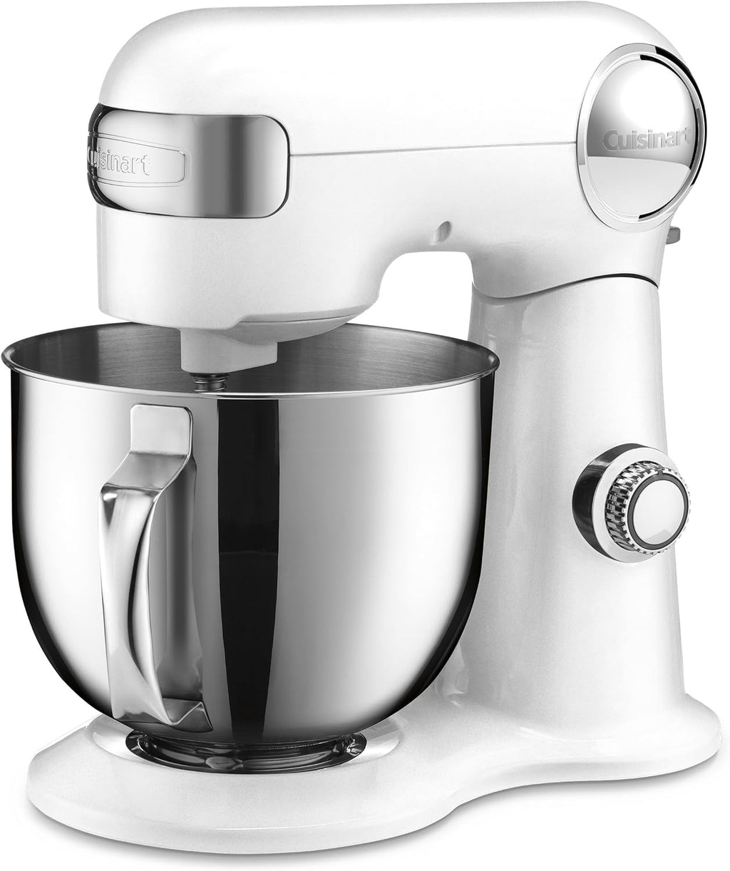 Cuisinart Stand Mixer, 12 Speed, 5.5 Quart Stainless Steel Bowl, Chef's Whisk, Mixing Paddle, Dough Hook, Splash Guard w/ Pour Spout, White Linen, SM-50, Manual
