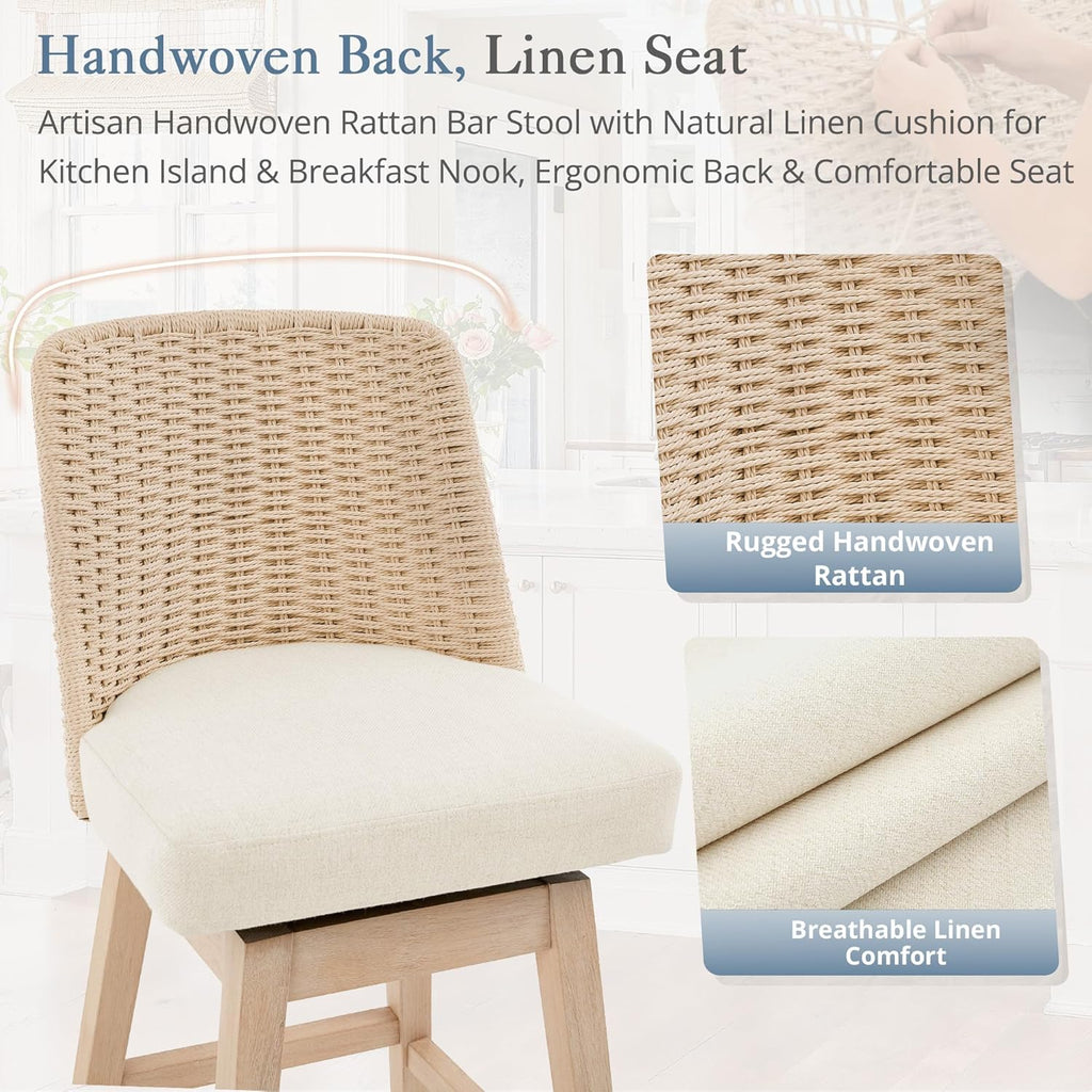 LUE BONA Rattan Bar Stools Set of 4, 27” Swivel Wooden Bars Stools with Thick Linen Seat, Handwoven Back & Wooden Leg, Counter Height for Kitchen Island, Apricot