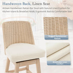 LUE BONA Rattan Bar Stools Set of 4, 27” Swivel Wooden Bars Stools with Thick Linen Seat, Handwoven Back & Wooden Leg, Counter Height for Kitchen Island, Apricot