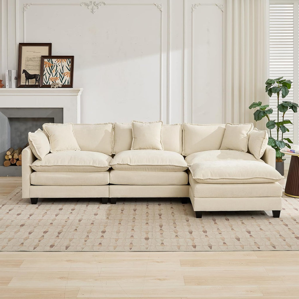 111.5" Beige Modular Sectional Sofa, 3 Seater Large Sectional Couches for Living Room, Ivory Off-White Chenille Fabric Oversized Cloud Couch with Ottoman, Modern Sofas Set, Sofas para Sala, L Shaped