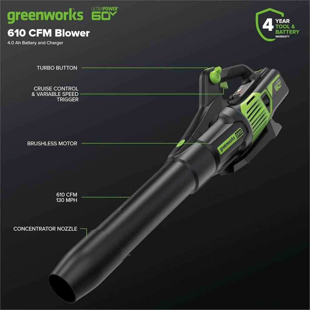 Greenworks 60V 17" Brushless (Push) Mower + 60V (610 CFM) Brushless Blower  4.0Ah Battery and 3A Charger