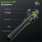 Greenworks 60V 17" Brushless (Push) Mower + 60V (610 CFM) Brushless Blower  4.0Ah Battery and 3A Charger