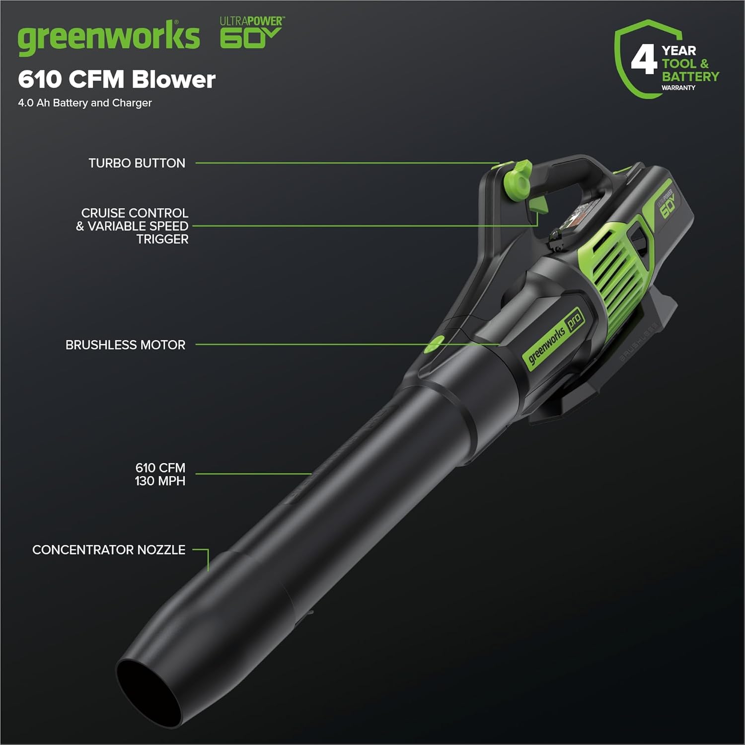 Greenworks 60V 17" Brushless (Push) Mower + 60V (610 CFM) Brushless Blower  4.0Ah Battery and 3A Charger